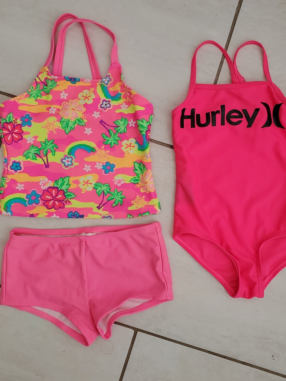 Hurley OP Neon Pink Girls' One- and two Piece Swimsuit Lot with Logo Size 4 5